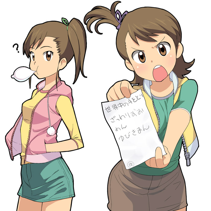 ? a1 brown_eyes brown_hair condom flipped_hair foreshortening futami_ami futami_mami hands_in_pockets hood hoodie idolmaster idolmaster_(classic) idolmaster_2 multiple_girls open_mouth paper siblings side_ponytail simple_background sisters skirt translation_request twins