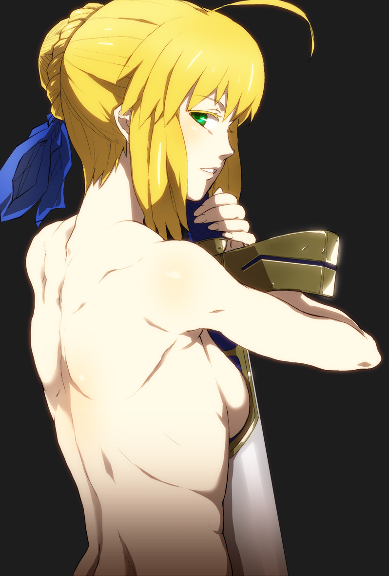 ahoge artoria_pendragon_(all) back black_background blonde_hair breasts colored_eyelashes excalibur eyelashes fate/stay_night fate_(series) green_eyes hair_ribbon jack_hamster looking_back medium_breasts muscle nude ribbon saber short_hair sideboob simple_background solo sword upper_body weapon