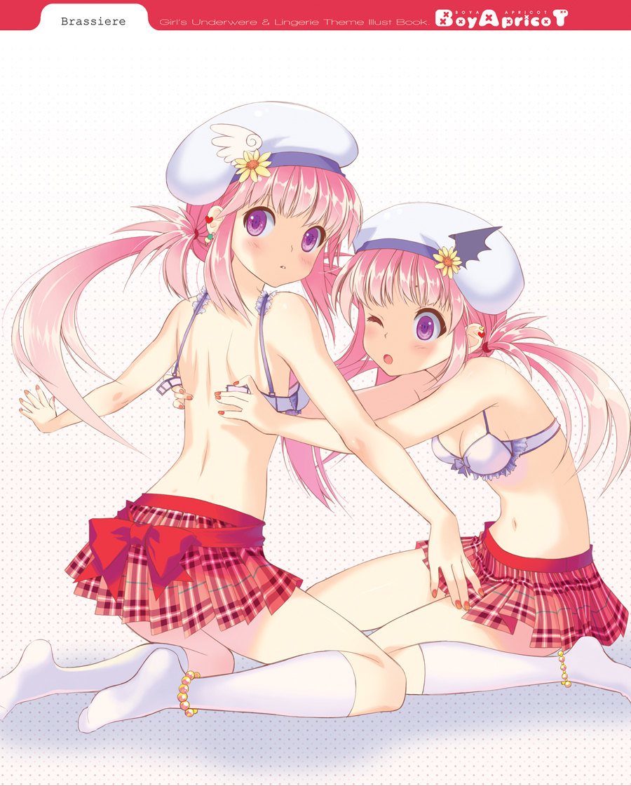 :o anklet bad_id bad_pixiv_id boya bra flower hat jewelry kneehighs lingerie long_hair looking_back multiple_girls nail_polish navel one_eye_closed original pink_hair plaid plaid_skirt purple_eyes red_nails siblings sisters skirt socks twins underwear undressing white_legwear