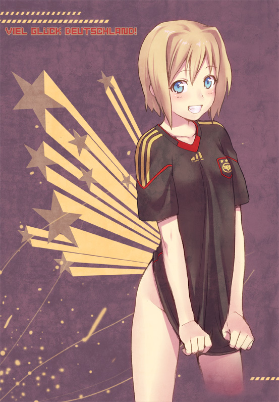 2010 2010_fifa_world_cup adidas androgynous bad_id bad_pixiv_id bangs blonde_hair blue_eyes blush bottomless covering covering_crotch erica_hartmann flat_chest german germany grin kaida_bola looking_at_viewer naughty_face reverse_trap shirt shirt_tug shooting_star short_hair smile soccer soccer_uniform solo sportswear standing star strike_witches translated world_cup world_witches_series