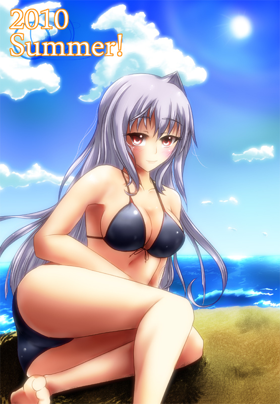 2010 barefoot bikini blush breasts cleavage feet frey front-tie_top large_breasts lyrical_nanoha mahou_shoujo_lyrical_nanoha mahou_shoujo_lyrical_nanoha_a's red_eyes reinforce silver_hair smile solo swimsuit