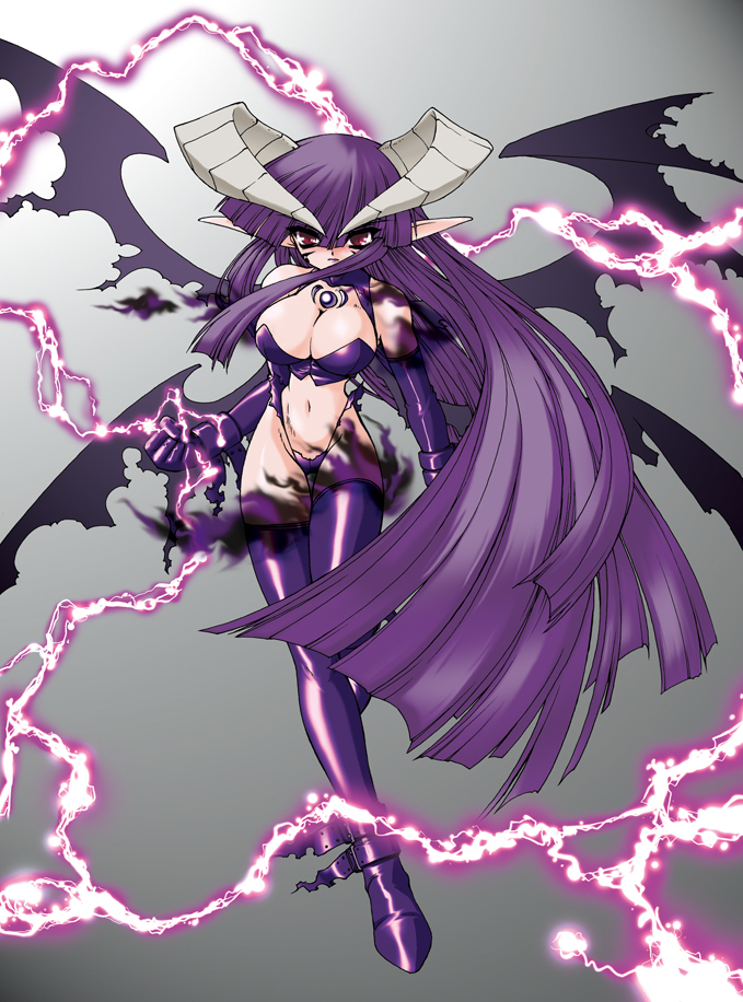 boots breasts choker cleavage electricity groin horns jewelry large_breasts long_hair midriff original pendant pointy_ears purple_footwear purple_hair red_eyes ruuen_rouga solo thighhighs very_long_hair wings