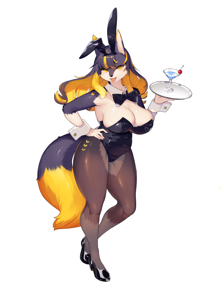 1girl alcohol animal_ears asymmetrical_bangs bangs black_footwear black_hair black_leotard blonde_hair breasts cherry cleavage cocktail_glass cup detached_collar dog_ears dog_tail drink drinking_glass fake_animal_ears food fruit furry furry_female hand_on_hip holding holding_tray huge_breasts kishibe leotard long_hair looking_at_viewer multicolored_hair non-web_source open_mouth original photoshop_(medium) playboy_bunny rabbit_ears simple_background solo standing strapless strapless_leotard streaked_hair tail tray two-tone_hair white_background wrist_cuffs yellow_eyes