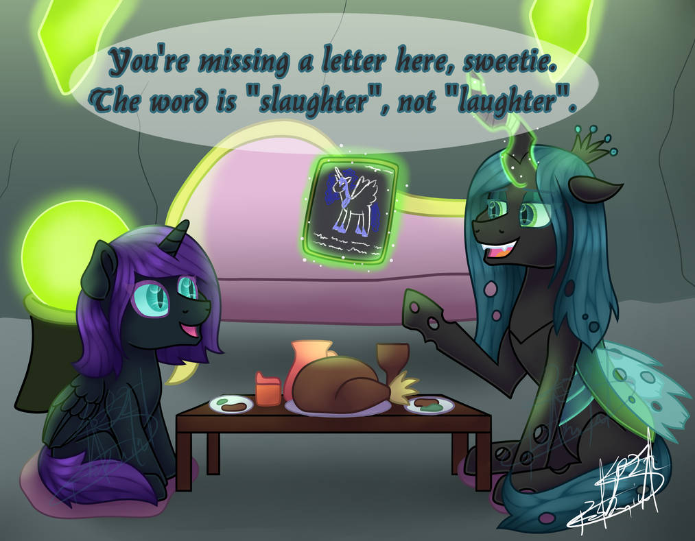 arthropod avian bird chalkboard changeling dinner duo educational equid equine female food friendship_is_magic galliform hasbro horn magic_user mammal meat my_little_pony nightmare_moon_(mlp) nyx_(mlp) phasianid queen_chrysalis_(mlp) spelling spokenmind93 winged_unicorn wings