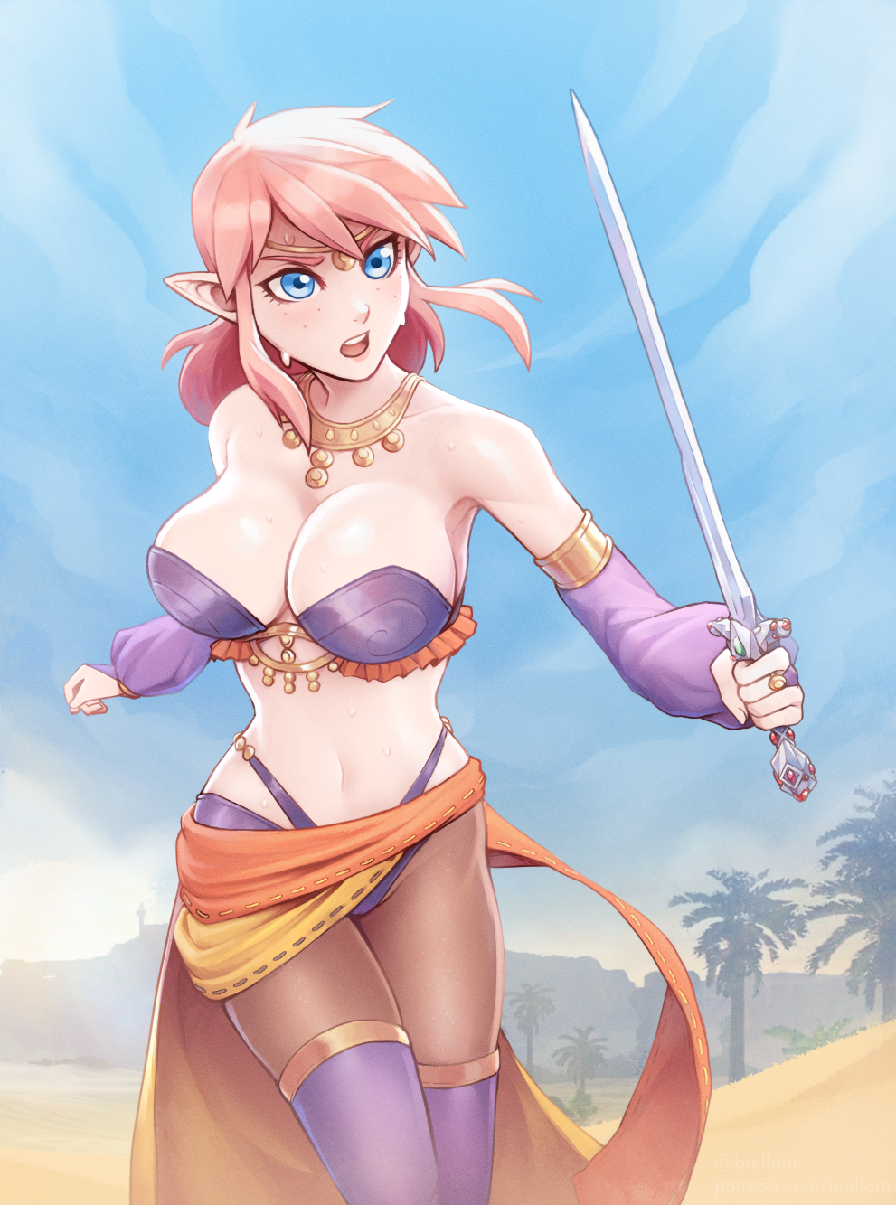 1girl alternate_costume armlet bikini blue_eyes blue_sky boots breasts brellom circlet cleavage cosplay day desert detached_sleeves fighting_stance freckles genderswap genderswap_(mtf) harem_outfit highleg highleg_bikini highres holding holding_sword holding_weapon impossible_clothes jewelry large_breasts left-handed link link_(shounen_captain) necklace open_mouth pantyhose pink_hair purple_bikini purple_footwear purple_sleeves ring sarong senya_(dq11) senya_(dq11)_(cosplay) sheikah sky solo strapless strapless_bikini sweat swimsuit sword teeth the_legend_of_zelda the_legend_of_zelda:_a_link_to_the_past thigh_boots thighhighs upper_teeth weapon
