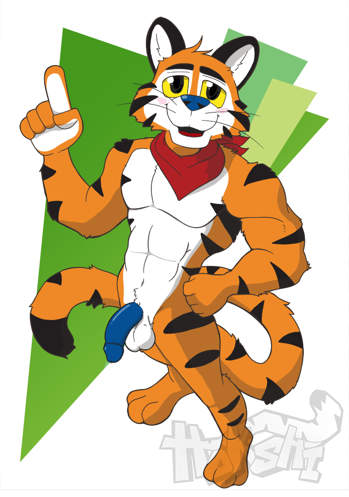 anthro felid frosted_flakes genitals half-erect hokshi kellogg's looking_at_viewer male mammal mascot pantherine penis solo tiger tony_the_tiger