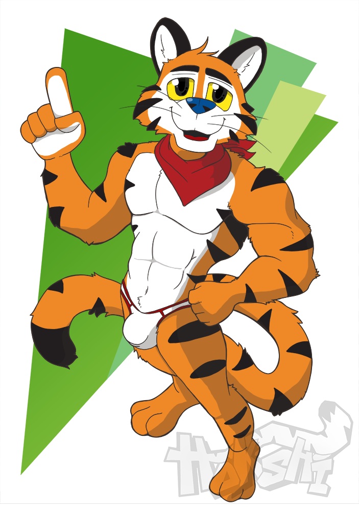 anthro bulge clothing detailed_bulge felid frosted_flakes hokshi kellogg's looking_at_viewer male mammal mascot pantherine solo tiger tony_the_tiger underwear