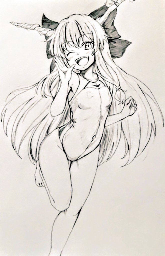 1girl ;d bow breasts competition_swimsuit d-m_(dii_emu) hair_bow horns ibuki_suika long_hair looking_at_viewer navel one-piece_swimsuit one_eye_closed open_mouth small_breasts smile solo standing standing_on_one_leg swimsuit touhou