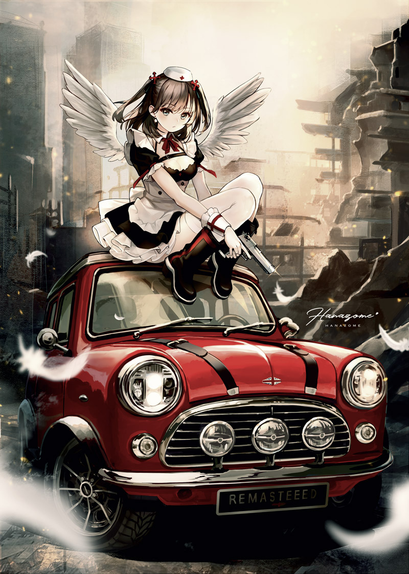 1girl apron bangs black_dress black_footwear black_hair boots bow breasts building car cleavage closed_mouth commentary_request dress feathered_wings frilled_apron frills green_eyes ground_vehicle gun handgun hat holding holding_gun holding_weapon looking_at_viewer medium_breasts mini_hat motor_vehicle multicolored_hair on_vehicle original pierorabu puffy_short_sleeves puffy_sleeves red_bow ruins short_sleeves signature solo thighhighs thighhighs_under_boots two-tone_hair vehicle_focus weapon white_apron white_headwear white_thighhighs white_wings wings wrist_cuffs