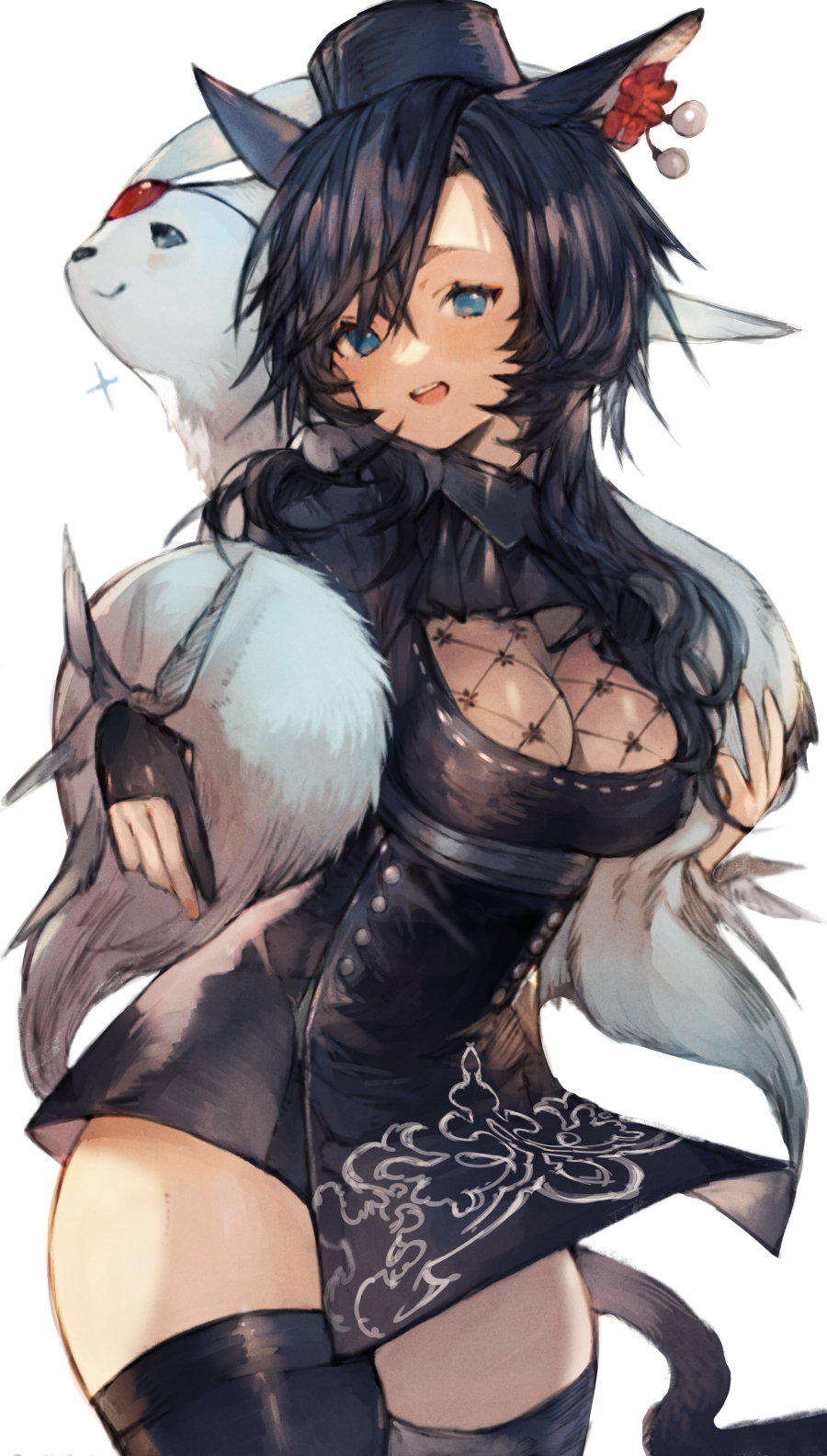 1girl 2022 animal animal_ears black_dress black_hair black_thighhighs breasts carbuncle_(final_fantasy) cat_ears cat_girl claw_ring cleavage dress final_fantasy final_fantasy_xiv gloves hat highres kemomin_nosuke long_hair looking_at_viewer miqo'te open_mouth partially_fingerless_gloves smile standing teeth thighhighs upper_teeth white_background