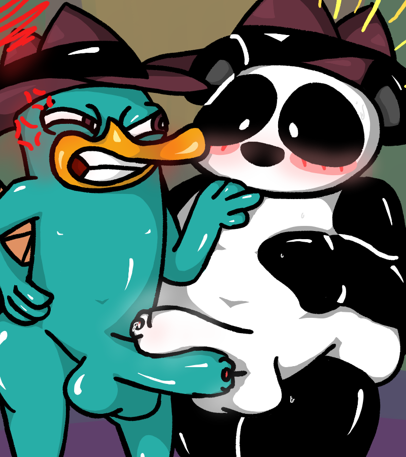 angry anthro balls beak big_butt blush bodily_fluids butt clothing disney dripping duo fedora foreskin fur genital_fluids genitals green_body green_fur hat headgear headwear male male/male momu9172 penis perry_the_platypus peter_the_panda phineas_and_ferb precum precum_drip slightly_chubby surprise white_body wide_hips