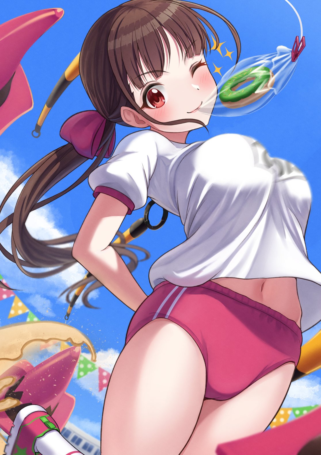 1girl bangs blue_sky blush bow bread_eating_race breasts brown_eyes brown_hair buruma cloud commentary day doughnut food hair_bow highres idolmaster idolmaster_shiny_colors large_breasts long_hair looking_at_viewer midriff_peek motion_blur name_tag navel one_eye_closed osoba_susurukun outdoors pink_bow pink_buruma pink_footwear ponytail sand shirt shoes short_sleeves sky smile sneakers socks solo sonoda_chiyoko sparkle thighs traffic_cone v-shaped_eyebrows white_shirt white_socks