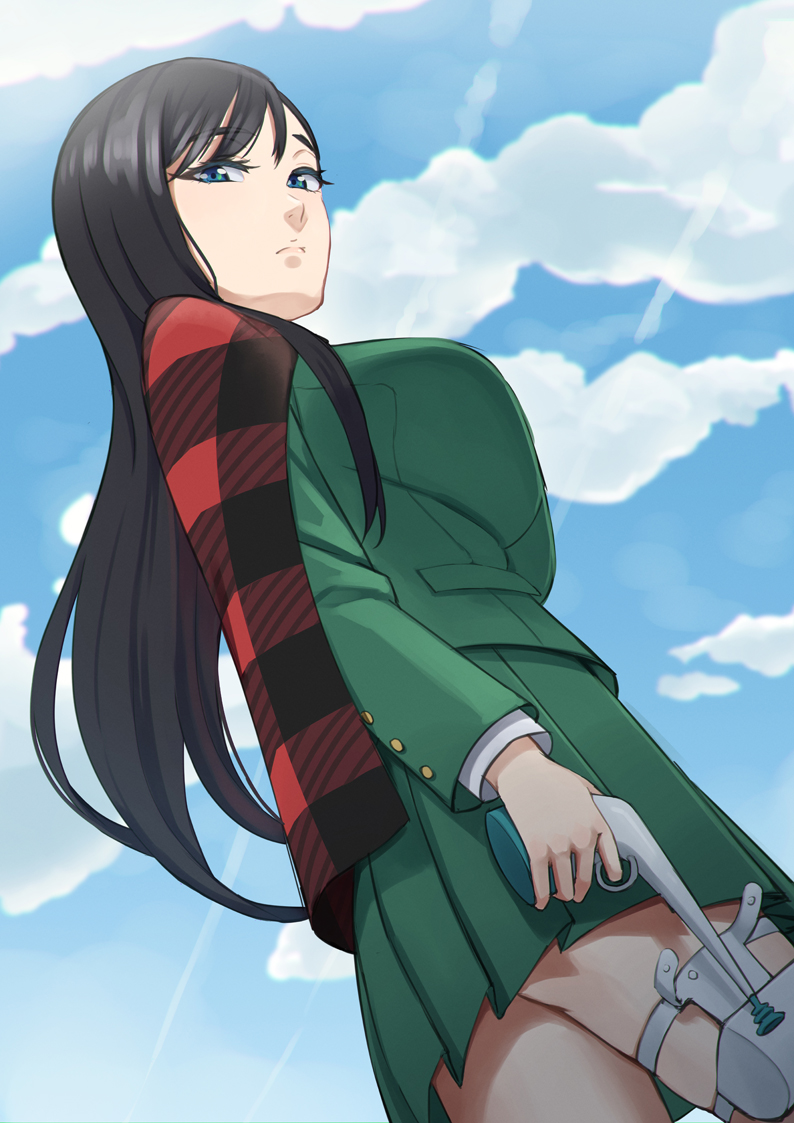 1girl black_hair blazer blue_eyes blue_sky burn_the_witch closed_mouth cloud dutch_angle easy_(aqk7bdqt) floating_hair from_below frown green_jacket green_skirt gun holding holding_gun holding_weapon holster jacket long_hair long_sleeves looking_down miniskirt niihashi_noel plaid_capelet pleated_skirt shiny shiny_hair skirt sky solo standing straight_hair sunlight thigh_holster very_long_hair weapon