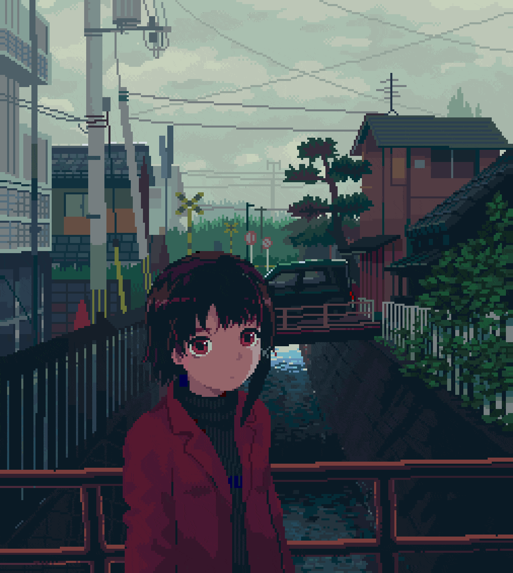 1girl animated animated_gif asymmetrical_hair bangs bird black_sweater blinking brown_hair building car derivative_work expressionless ground_vehicle hair_ornament hairclip house iwakura_lain jacket looking_at_viewer motor_vehicle outdoors overcast pixel_art plant power_lines red_jacket river road_sign serial_experiments_lain short_hair sign solo sweater toyoi_yuuta train tree upper_body water