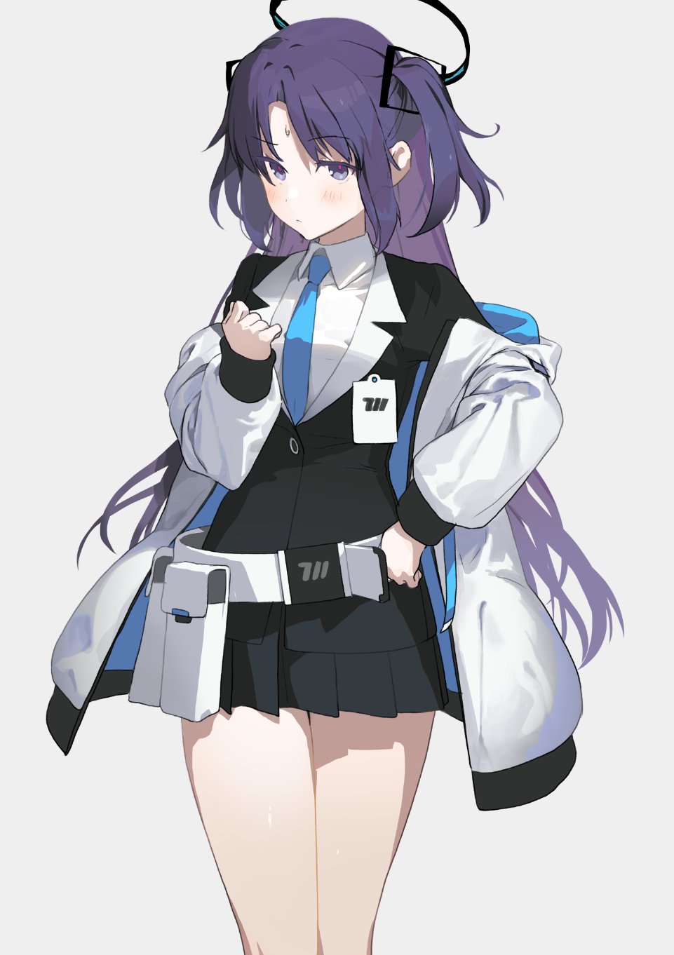 1girl akinashi_yuu aqua_necktie bangs black_jacket black_skirt blue_archive blush closed_mouth coat grey_background hair_ornament halo highres id_card jacket long_hair long_sleeves looking_at_viewer miniskirt necktie open_clothes open_coat pleated_skirt purple_eyes purple_hair simple_background skirt solo sweat two_side_up white_coat yuuka_(blue_archive)