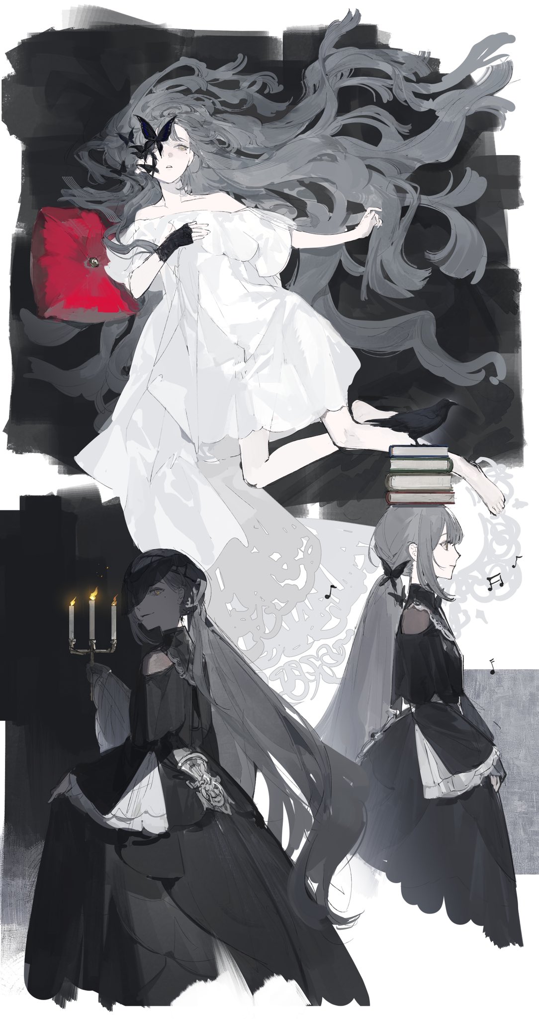 1girl bare_shoulders barefoot black_dress book book_on_head book_stack butterfly_over_eye candelabra candle clotho_(girls'_frontline_nc) dress girls'_frontline girls'_frontline_neural_cloud grey_hair highres holding holding_candle long_hair lying meru02295238 mole mole_under_eye multiple_views musical_note object_on_head on_back one_eye_covered ponytail profile very_long_hair white_dress yellow_eyes