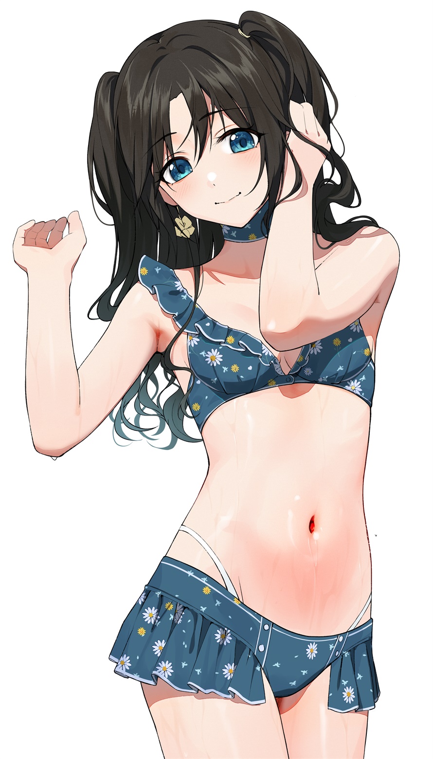 1girl bikini bikini_skirt blue_bikini blue_choker blush breasts choker frilled_bikini frills gin00 groin highleg highleg_bikini highres idolmaster idolmaster_shiny_colors long_hair looking_at_viewer mitsumine_yuika navel no_eyewear simple_background small_breasts smile solo swimsuit two_side_up water_drop