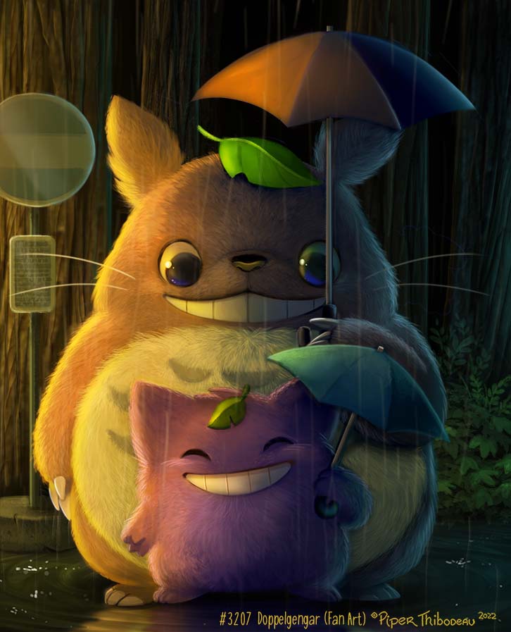 2022 ambiguous_gender anthro blue_eyes claws duo eyes_closed fur generation_1_pokemon gengar ghibli grey_body grey_fur grin leaf_on_head looking_at_viewer my_neighbor_totoro nintendo outside plant pokemon pokemon_(species) purple_body purple_fur raining road_sign shrub smile teeth text totoro tree umbrella video_games whiskers white_body white_fur