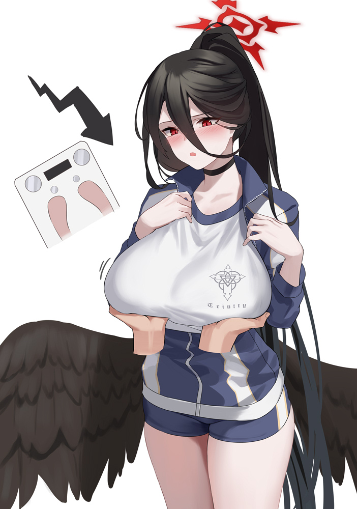 1girl black_hair blue_archive blush breast_hold breasts disembodied_limb feathered_wings gym_uniform hair_between_eyes halo hasumi_(blue_archive) hasumi_(gym_uniform)_(blue_archive) jacket large_breasts long_hair official_alternate_costume ponytail red_eyes shorts simple_background very_long_hair white_background wings zi_se