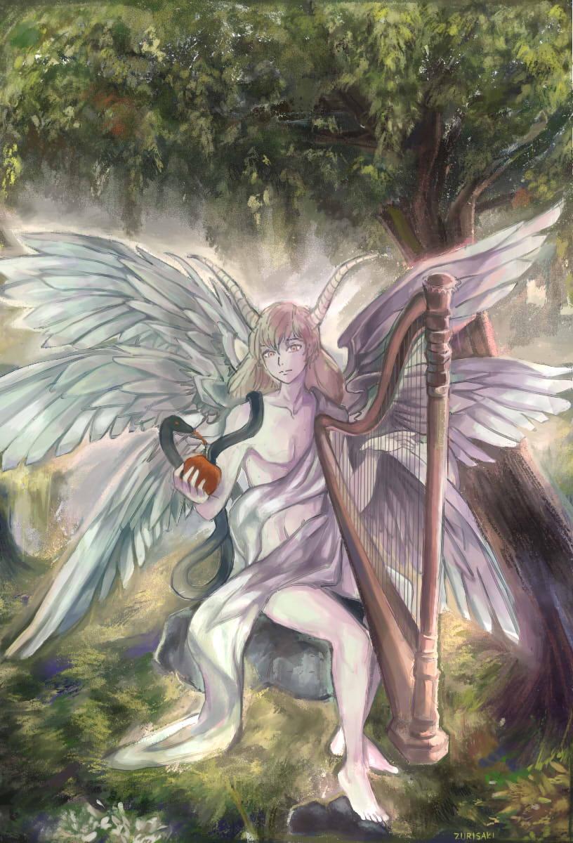 1boy angel angel_wings apple artist_name bangs barefoot blonde_hair collarbone convenient_censoring demon_horns feathered_wings food fruit harp helel_(megami_tensei) highres holding holding_food holding_fruit horns instrument long_hair looking_at_viewer lucifer_(shin_megami_tensei) male_focus multiple_wings nature outdoors seraph shawl shin_megami_tensei shin_megami_tensei_ii sitting sitting_on_rock snake solo thighs tree white_shawl wings yellow_eyes zurisaki