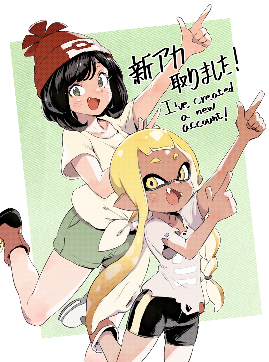 2girls beanie bike_shorts black_hair boots braid commentary company_connection crossover english_text fang fangs green_shorts hat inkling inkling_girl looking_at_viewer multiple_girls open_mouth pointing pokemon pokemon_(game) pokemon_sm red_headwear selene_(pokemon) shirt shorts single_braid smile splatoon_(series) splatoon_3 tentacle_hair tied_shirt toku_(ke7416613) torn_clothes torn_shirt