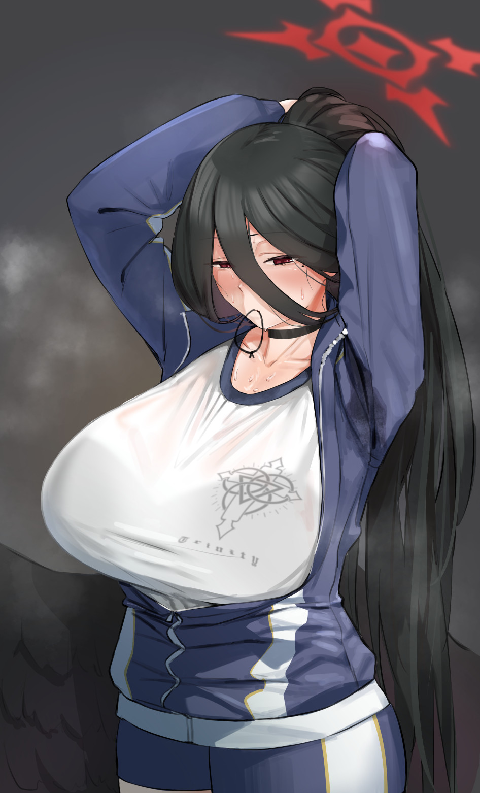1girl arms_behind_head arms_up bangs black_bra black_hair black_wings blue_archive blue_jacket blush bra bralines breasts choker collarbone feathered_wings gamarenji gym_shirt gym_uniform hair_between_eyes halo hasumi_(blue_archive) hasumi_(gym_uniform)_(blue_archive) high_ponytail highres huge_breasts jacket long_hair long_sleeves looking_at_viewer low_wings official_alternate_costume original ponytail red_eyes shirt solo sweat thick_thighs thighs tying_hair underwear very_long_hair white_shirt wings