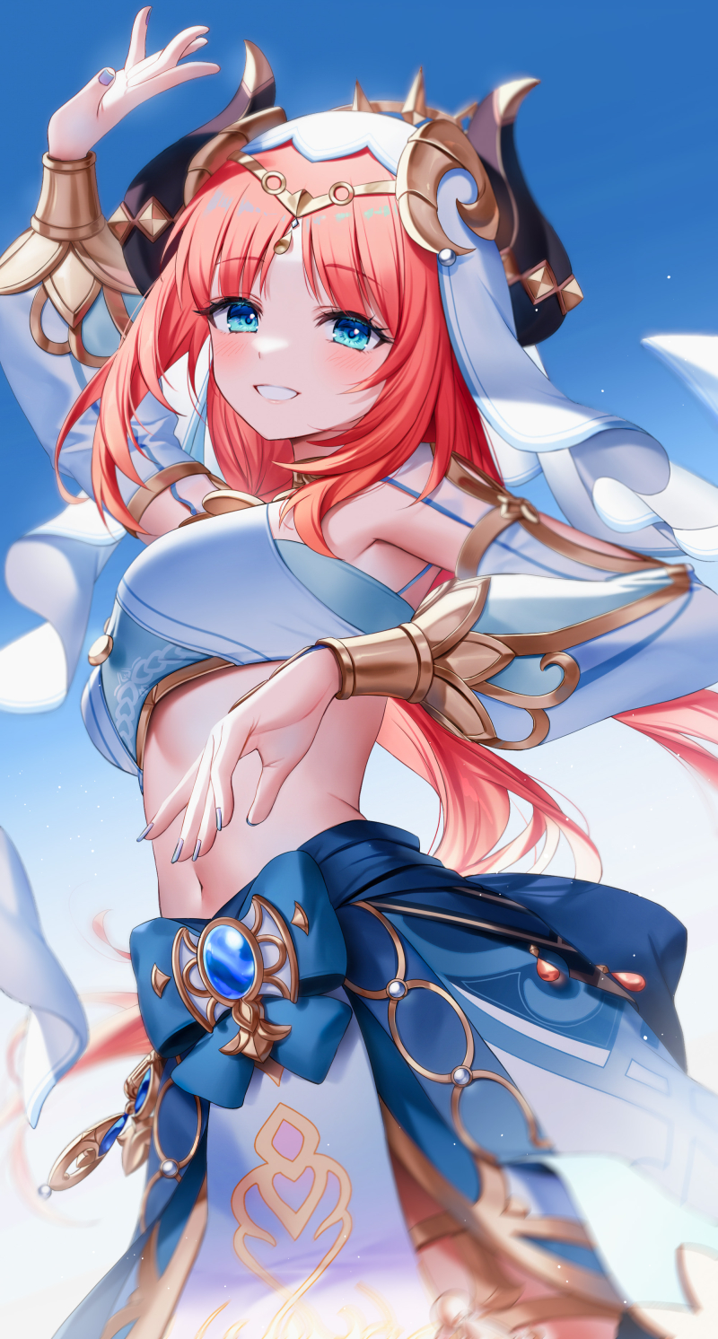 1girl arm_up armpit_cutout armpits blue_eyes blue_nails breasts clothing_cutout cowboy_shot crop_top dancer genshin_impact grin highres horns kh_(kh_1128) long_hair long_sleeves looking_at_viewer low_twintails medium_breasts midriff nail_polish navel nilou_(genshin_impact) red_hair revealing_clothes smile solo standing stomach twintails veil