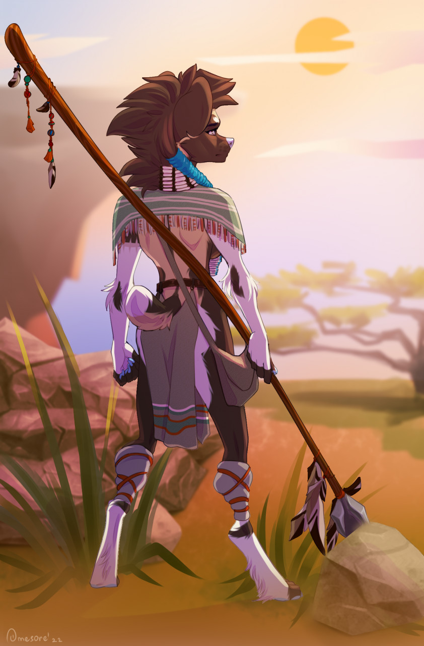 2022 5_fingers african_wild_dog anthro breasts brown_body brown_fur brown_hair canid canine clothed clothing day detailed_background digital_media_(artwork) feet female fingers forest fur grass hair hi_res mammal omesore outside plant sky solo sun toes tree