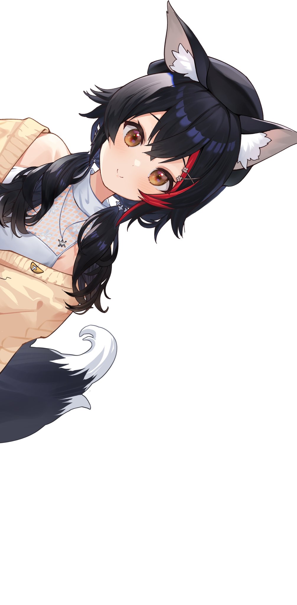 1girl animal_ear_fluff animal_ears bangs black_hair brown_cardigan brown_eyes cardigan closed_mouth highres hololive long_hair looking_at_viewer multicolored_hair off_shoulder ookami_mio red_hair ruka_tou shirt simple_background smile solo streaked_hair tail twintails upper_body virtual_youtuber white_background white_shirt wolf_ears wolf_tail