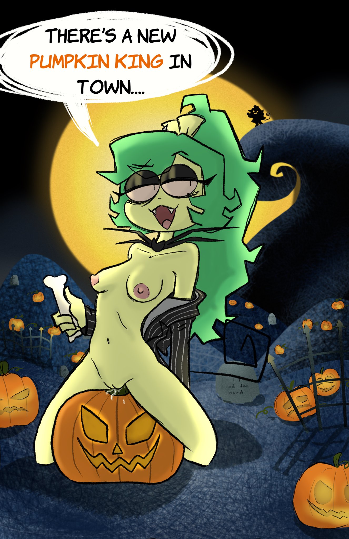 adult_fink anthro breasts cartoon_network cemetery clothing cosplay crossover crossover_cosplay fangs female fingering fink_(ok_k.o.!_lbh) full_moon green_body green_hair hair hi_res jack-o'-lantern jack_skellington ketikake mammal moon murid murine navel nipples ok_k.o.!_let's_be_heroes pink_nipples ponytail rat rodent the_nightmare_before_christmas tombstone undressing vaginal vaginal_fingering