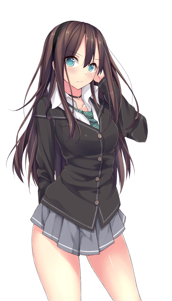 1girl bangs black_hairband bonkiru breasts brown_hair buttons cardigan choker commentary_request green_eyes hairband hand_on_own_head idolmaster idolmaster_cinderella_girls jewelry large_breasts long_hair long_sleeves looking_at_viewer loose_necktie necktie pendant photoshop_(medium) pleated_skirt school_uniform shibuya_rin shirt simple_background skirt solo standing white_background white_shirt