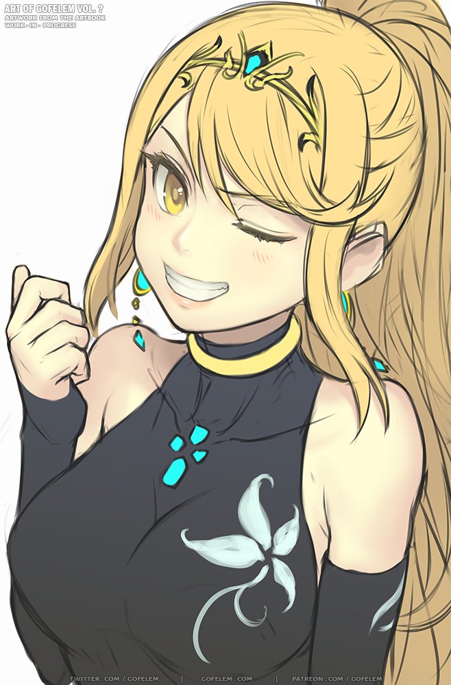 1girl :d artist_name bangs black_dress black_sleeves blonde_hair breasts chest_jewel circlet dress earrings formal gofelem grin jewelry long_hair looking_at_viewer mythra_(xenoblade) one_eye_closed ponytail simple_background sketch smile solo swept_bangs teeth upper_body white_background xenoblade_chronicles_(series) xenoblade_chronicles_2 yellow_eyes