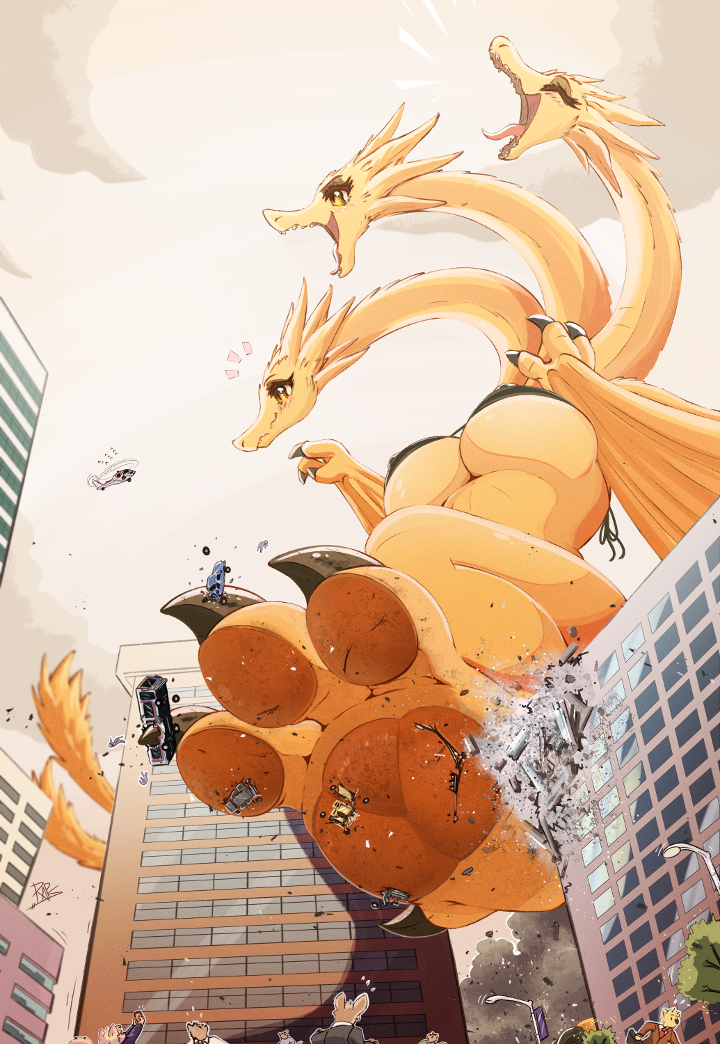 3_heads anthro big_breasts breasts car crossgender destruction feet female foot_focus godzilla_(series) hi_res hydra kaiju king_ghidorah larger_female macro mtf_crossgender multi_head ncmares nipple_outline size_difference toho vehicle