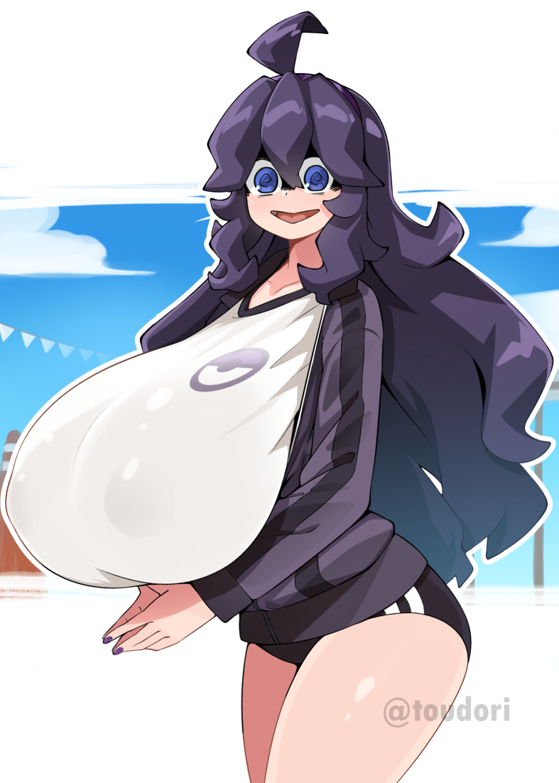 1girl @_@ ahoge alternate_breast_size alternate_costume artist_name breasts commentary gigantic_breasts hairband hex_maniac_(pokemon) long_hair looking_at_viewer messy_hair nail_polish open_mouth pokemon pokemon_(game) pokemon_xy purple_eyes purple_hair purple_hairband purple_nails solo toudori