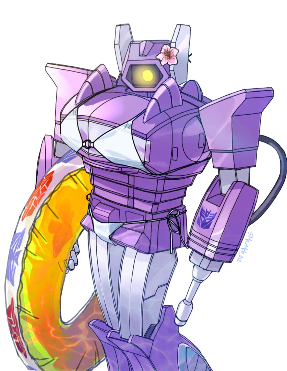 arm_cannon bikini cable clothed_robot decepticon flower glowing glowing_eye highres holding holding_innertube innertube kotone_a looking_to_the_side mecha one-eyed pink_flower robot science_fiction solo soundwave_(transformers) swimsuit transformers weapon white_bikini yellow_eyes