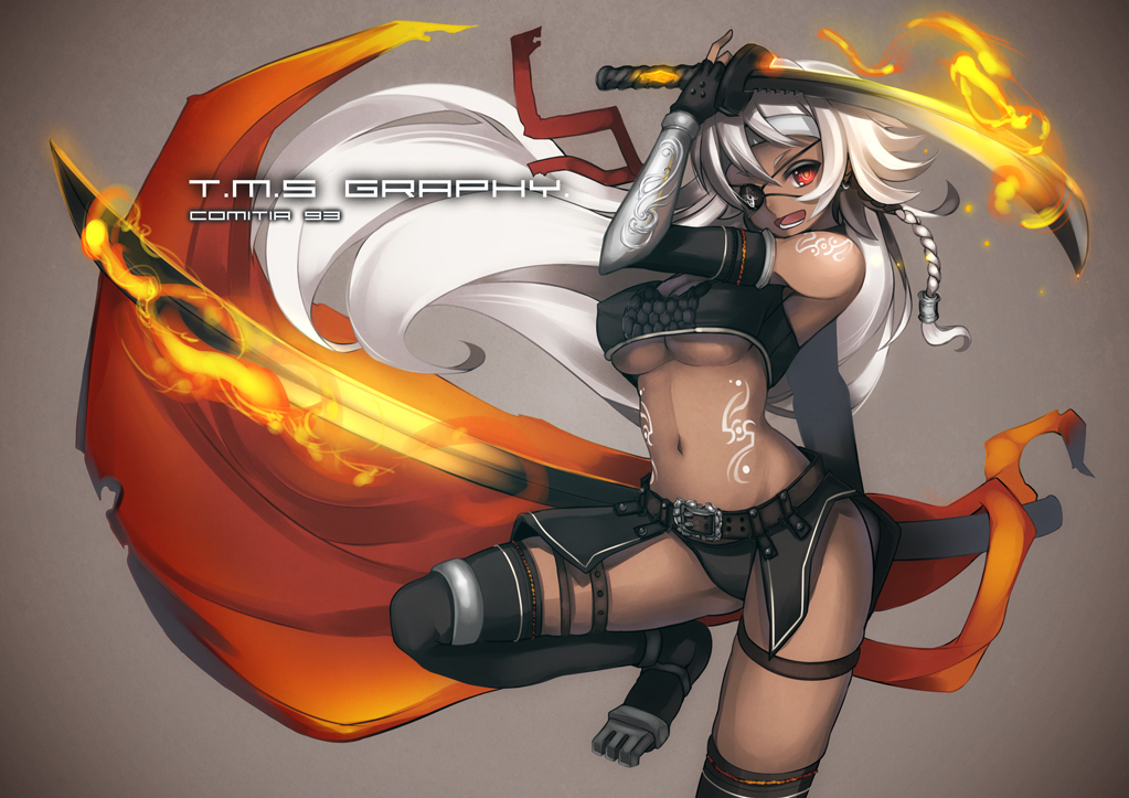 bad_id bad_pixiv_id bare_shoulders belt beltskirt black_panties breasts copyright_request dark_skin elbow_gloves eyepatch fingerless_gloves fire gloves katana large_breasts long_hair open_mouth panties solo sword t-track tattoo thigh_strap thighhighs underboob underwear weapon white_hair