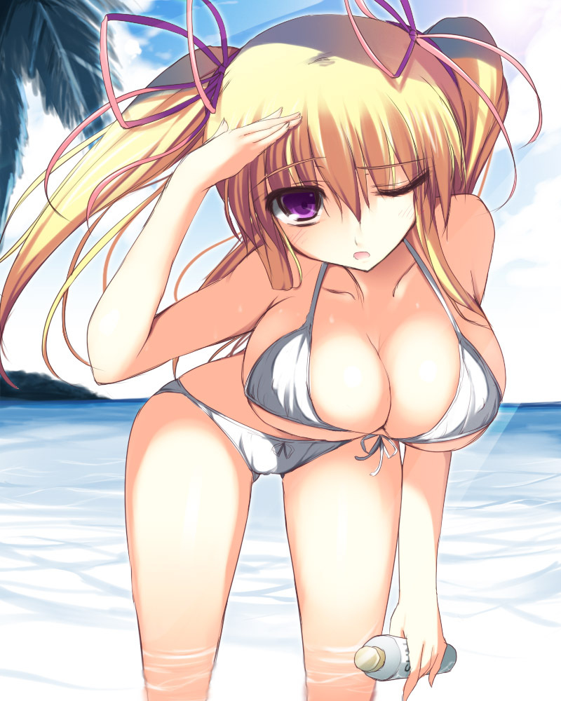 bad_id bad_pixiv_id banned_artist bent_over bikini blonde_hair breasts front-tie_top large_breasts long_hair one_eye_closed purple_eyes shikano_sumiaki solo submerged swimsuit thigh_gap touhou twintails yakumo_yukari