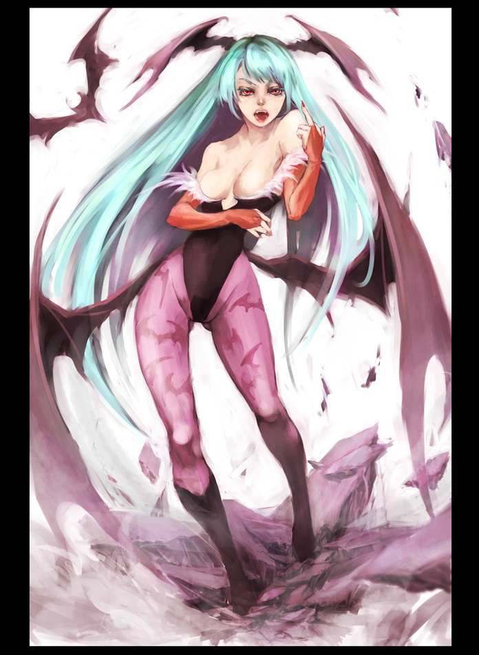 animal_print aqua_hair bad_id bad_pixiv_id bare_shoulders bat bat_print bat_wings boots breasts cleavage demon_girl elbow_gloves fingerless_gloves gloves hamutama head_wings large_breasts leotard long_hair middle_finger morrigan_aensland nail_polish pantyhose print_legwear red_eyes red_nails solo succubus tongue vampire_(game) wings