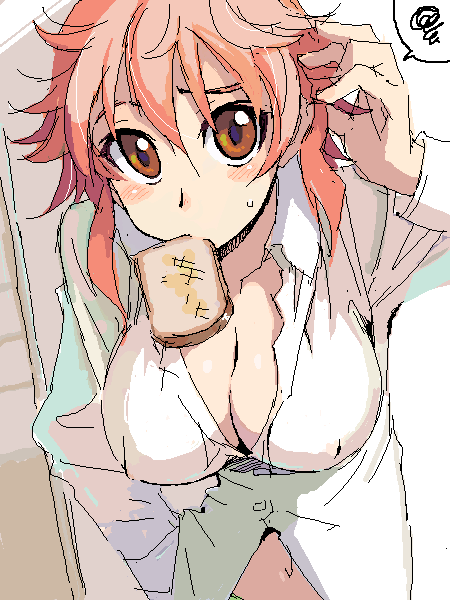 bad_id bad_pixiv_id breasts cleavage copyright_request dress_shirt food food_in_mouth kusanagi_tonbo large_breasts messy_hair mouth_hold navel oekaki red_hair shirt solo toast toast_in_mouth
