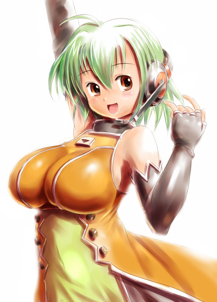 \m/ breasts elbow_gloves fingerless_gloves fl-chan fl_studio gloves green_hair headphones huge_breasts impossible_clothes impossible_shirt moriichi orange_eyes shirt short_hair solo