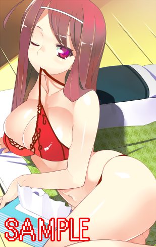ahoge bra bra_in_mouth breasts futon large_breasts long_hair lowres lying mouth_hold navel on_side one_eye_closed original panties red_eyes red_hair ryuuta_(msxtr) sample smile solo tissue_box underwear underwear_only