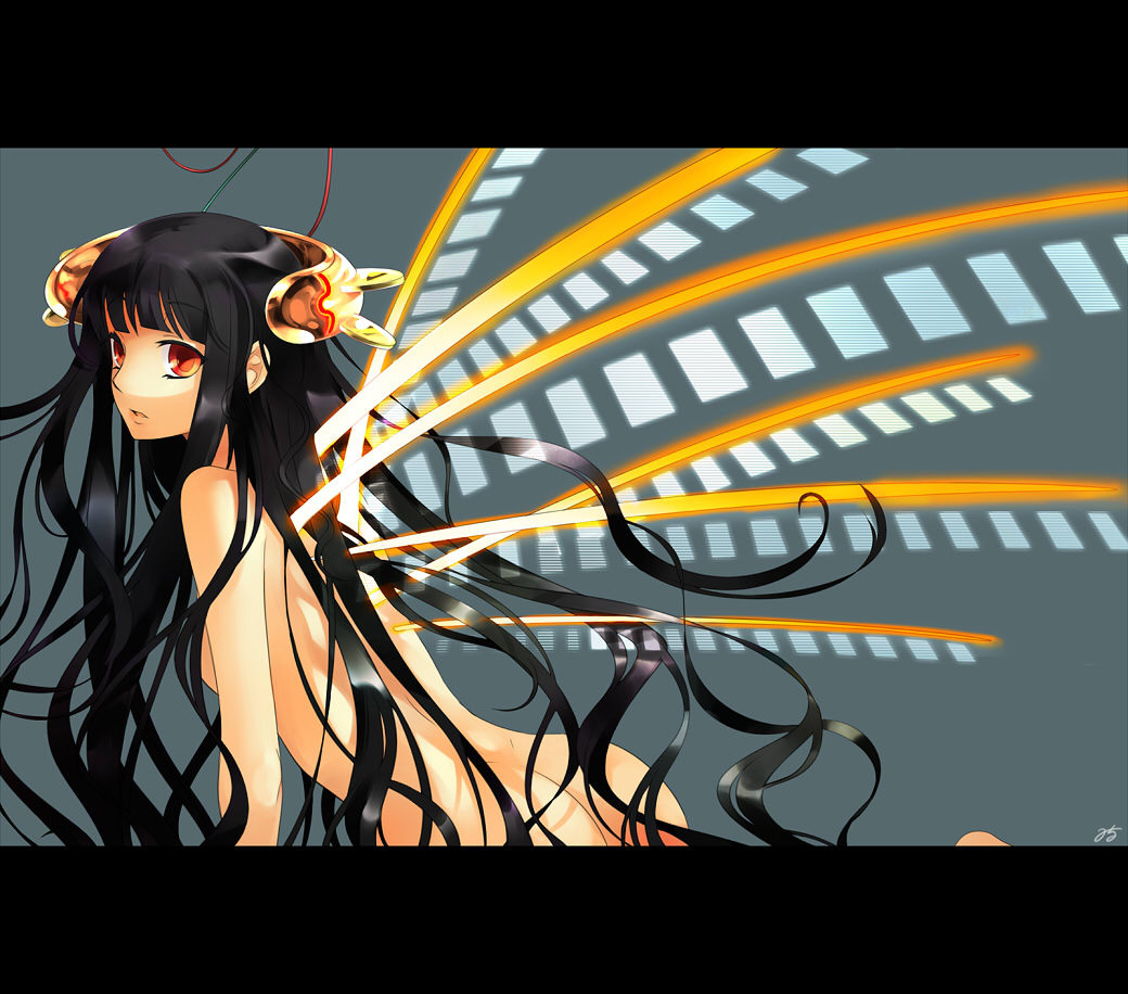 ass bent_over black_hair hair_ornament itoshiki_rin letterboxed long_hair milcho nude red_eyes sayonara_zetsubou_sensei solo very_long_hair wavy_hair wings