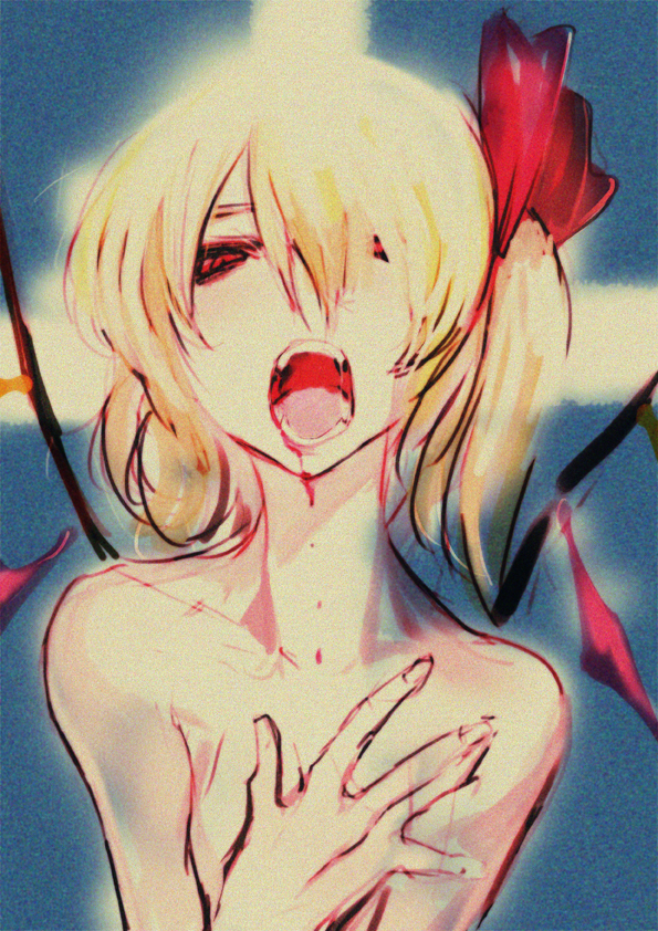 blonde_hair blood bow fangs flandre_scarlet hair_bow nude red_eyes side_ponytail solo tima touhou vampire wings