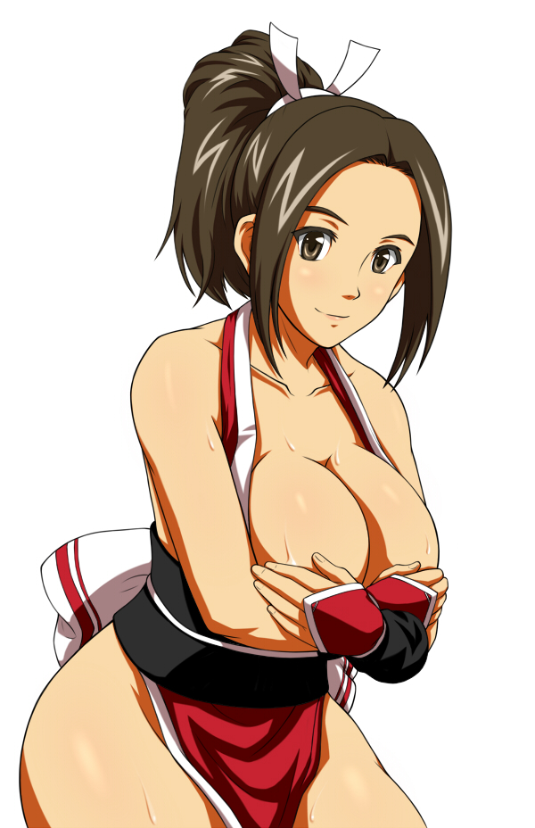breasts brown_eyes brown_hair cleavage covering covering_breasts fatal_fury gloves japanese_clothes large_breasts pelvic_curtain ponytail shiranui_mai solo the_king_of_fighters yas
