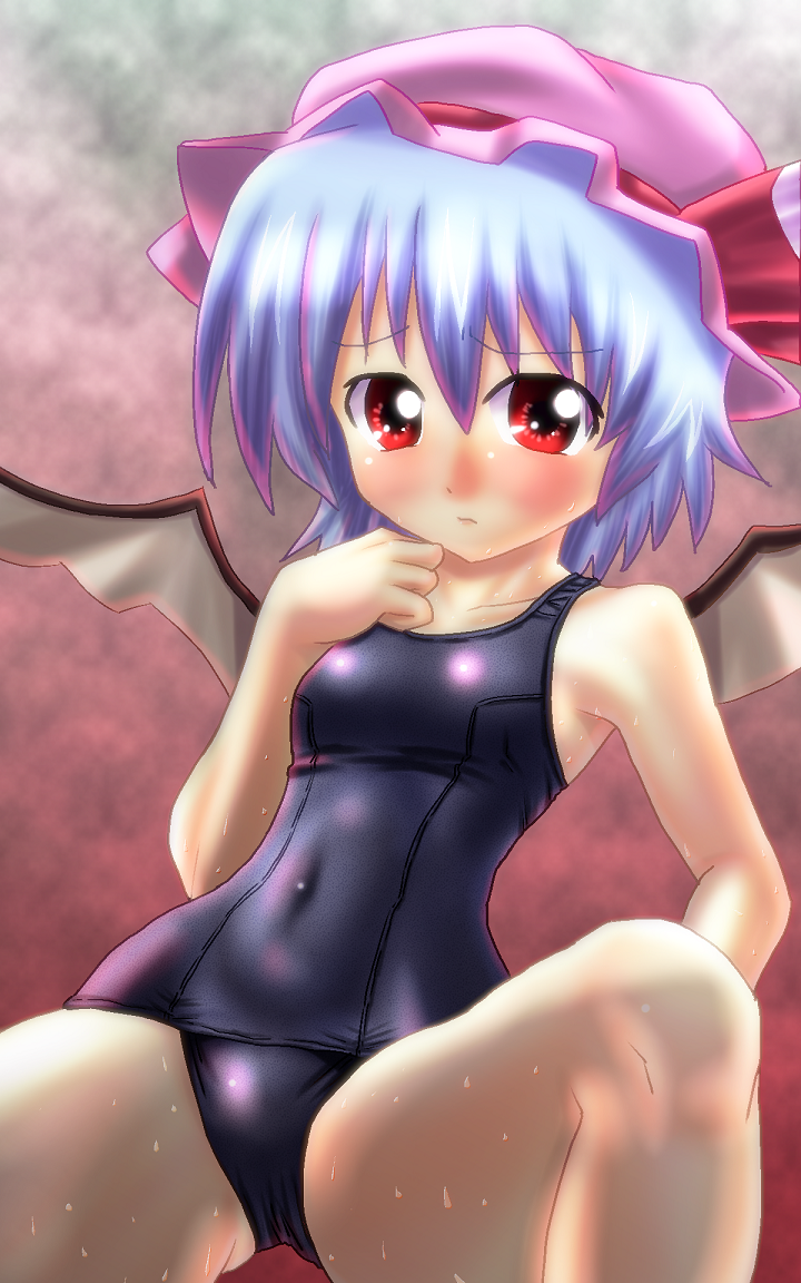 bat_wings blue_hair blush hat one-piece_swimsuit red_eyes remilia_scarlet school_swimsuit shiny shiny_clothes short_hair solo spread_legs swimsuit tennouji_masamichi touhou wet wet_clothes wings