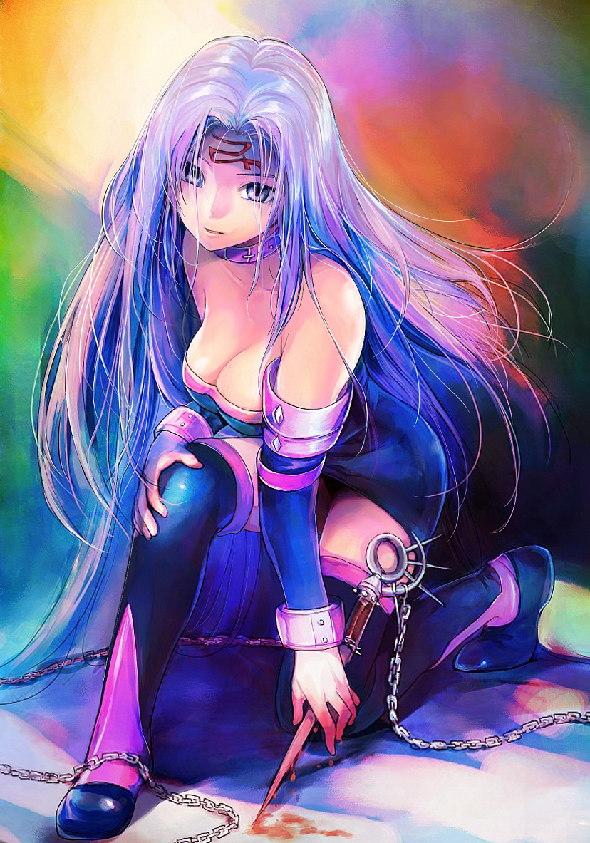 bare_shoulders black_legwear blood boots breasts chain cleavage collar detached_sleeves dress facial_mark fate/stay_night fate_(series) forehead_mark hands_on_own_knees kneeling long_hair looking_at_viewer medium_breasts nameless_dagger osamu panties purple_eyes purple_hair rider solo spikes strapless strapless_dress thigh_boots thighhighs underwear very_long_hair weapon