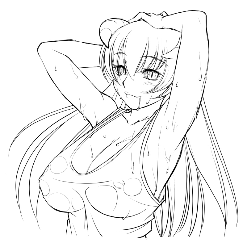 armpits artist_request astaroth_(shinrabanshou) black_sclera breasts cleavage greyscale horns large_breasts monochrome non-web_source shinrabanshou sideboob solo sweat tank_top wet wet_clothes