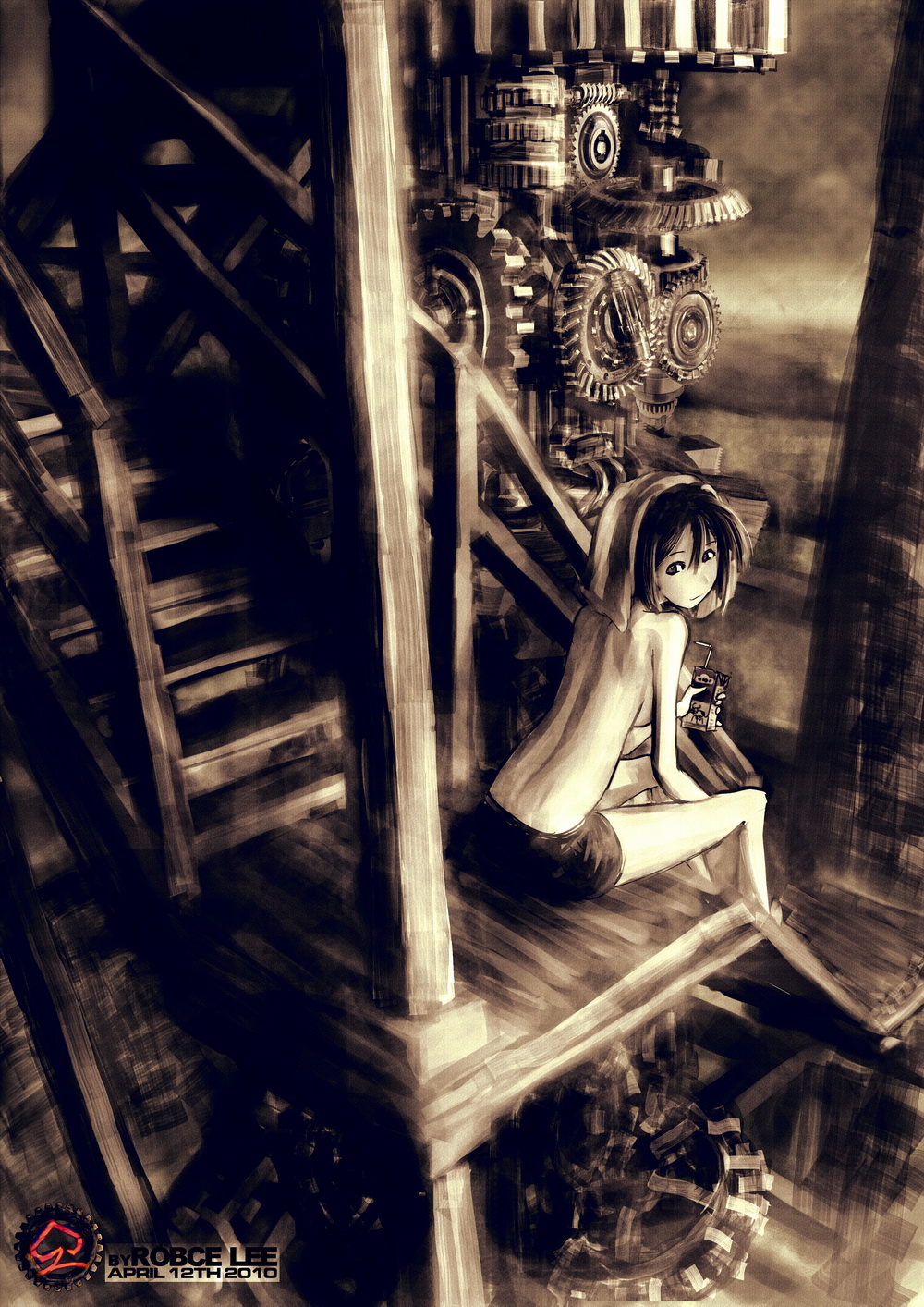 back black_hair breasts drink from_behind gears highres juice_box light_smile looking_back machine original robce_lee sepia short_hair shorts sideboob sitting small_breasts solo stairs topless