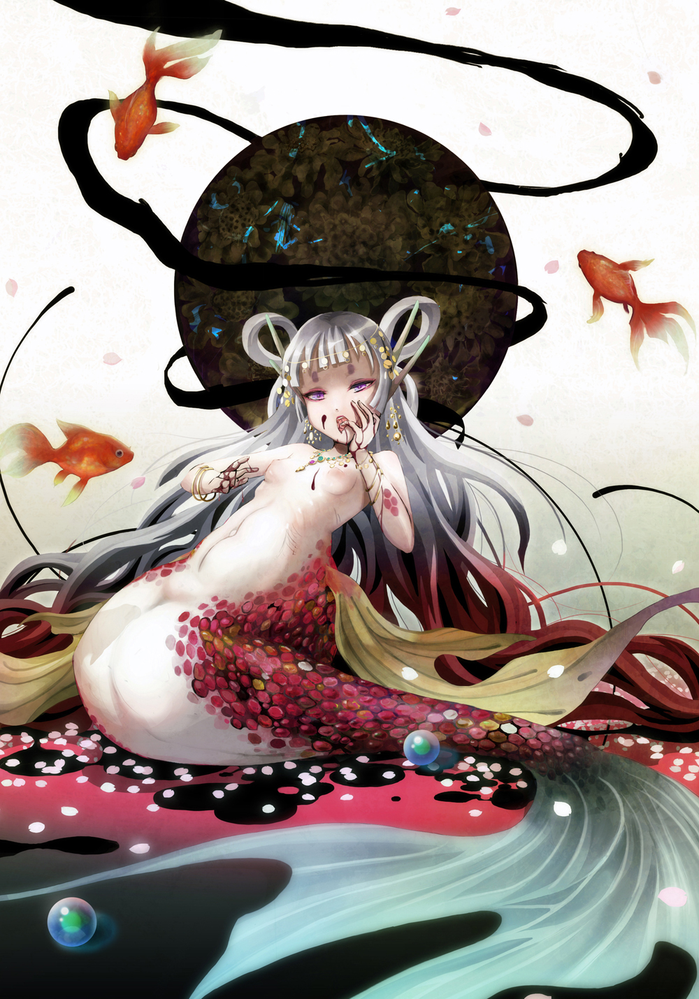 blood bloody_hands bracelet breasts cherry_blossoms egg finger_licking fins fish funakura goldfish hair_ornament hair_rings highres hikimayu jewelry licking long_hair mermaid monster_girl multicolored_hair navel necklace nipples original petals pink_eyes reclining red_hair ribs scales silver_hair small_breasts solo very_long_hair white_background