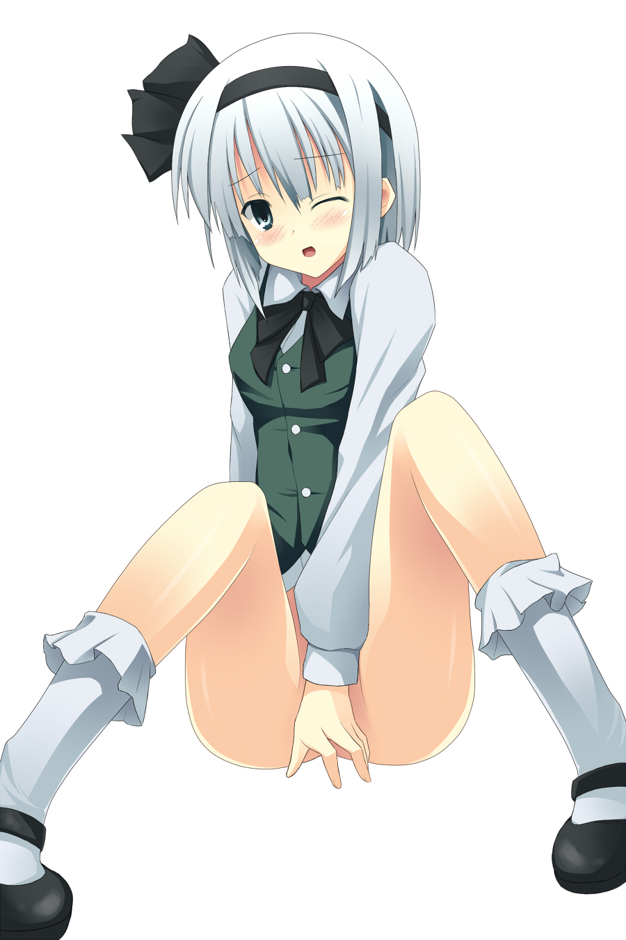 ;d arm_support ascot bad_id bad_pixiv_id black_hairband blush bobby_socks bottomless covering covering_crotch hairband head_tilt highres hips konpaku_youmu looking_at_viewer mary_janes one_eye_closed open_mouth samegami shiny shiny_skin shirt shoes silver_hair simple_background sitting smile socks solo spread_legs thighs touhou vest white_background white_legwear